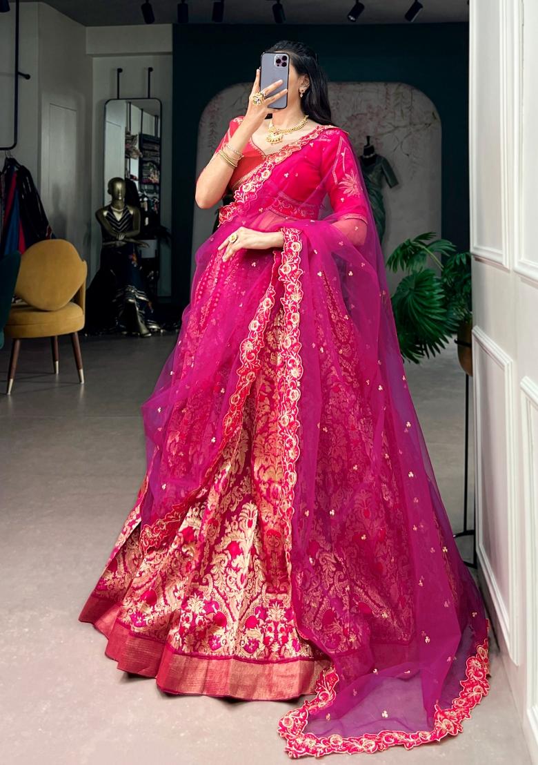 Pink Zari Work Silk Lehenga Set - Indya