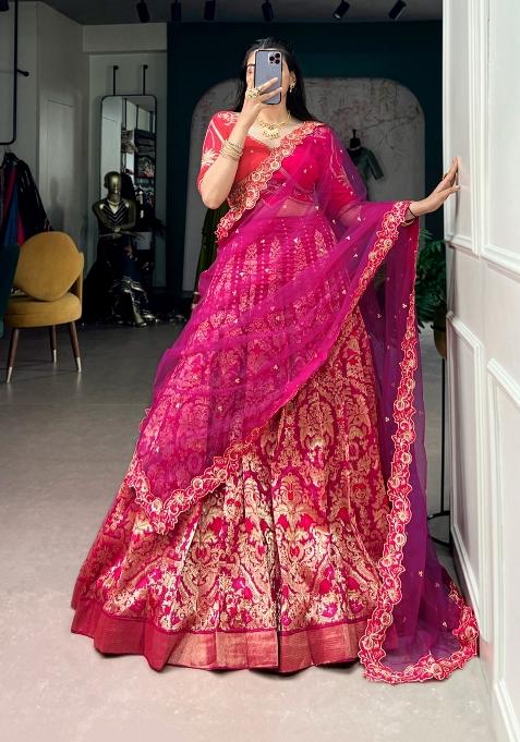 Pink Zari Work Silk Lehenga Set