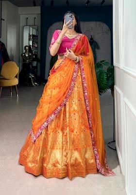 Orange Zari Work Silk Lehenga Set