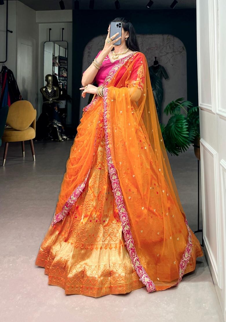 Orange Zari Work Silk Lehenga Set - Indya