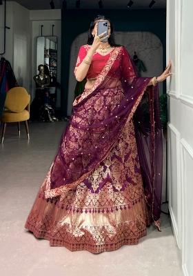 Wine Zari Work Silk Lehenga Set