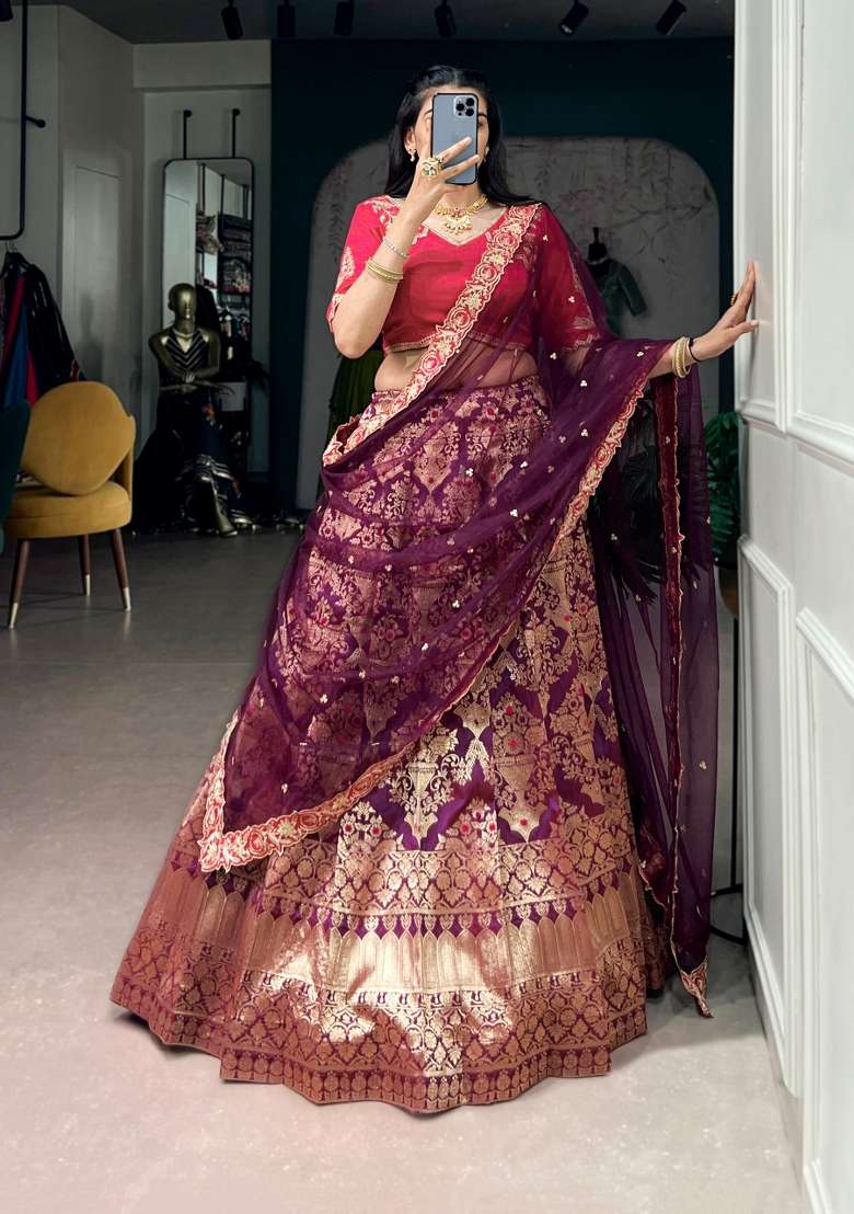 Wine Zari Work Silk Lehenga Set for Diwali and Festive Wear - Indya