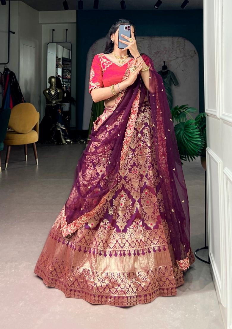 Wine Zari Work Silk Lehenga Set - Indya