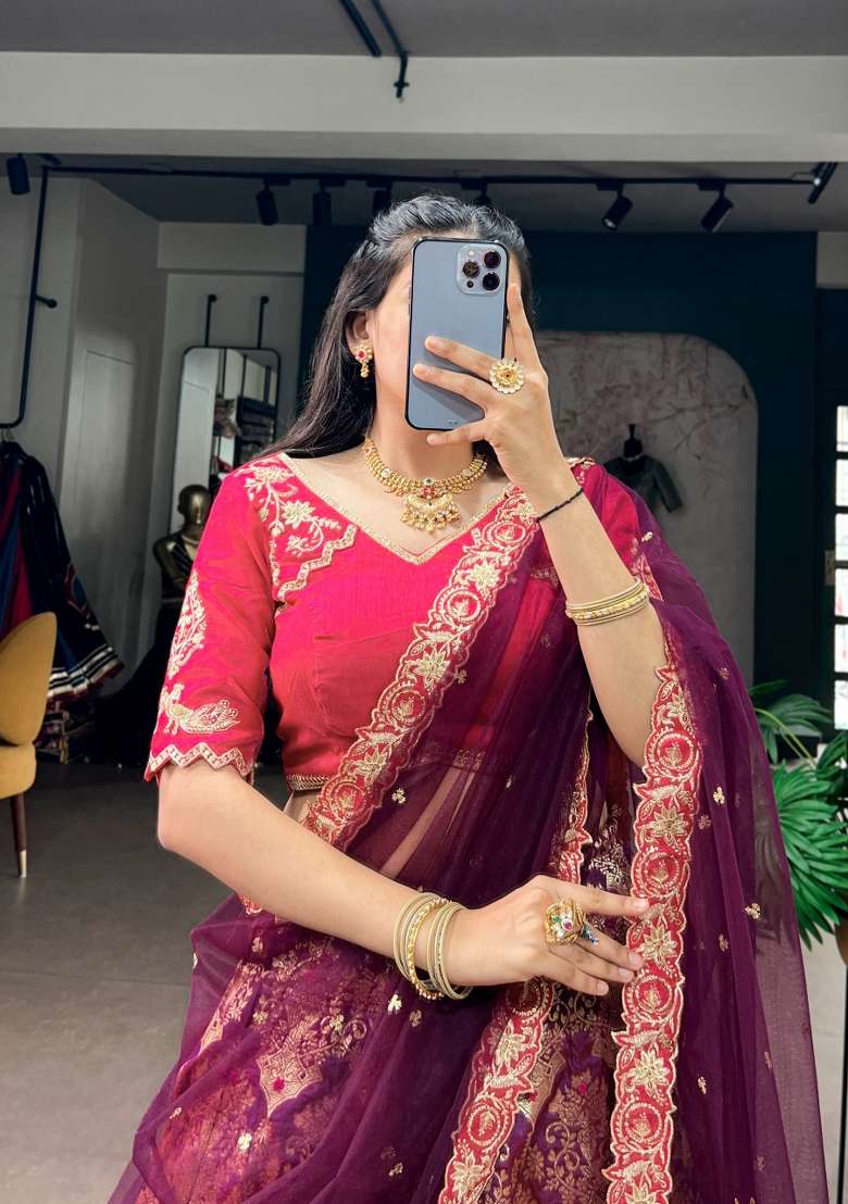 Wine Zari Work Silk Lehenga Set for Diwali and Festive Wear - Indya