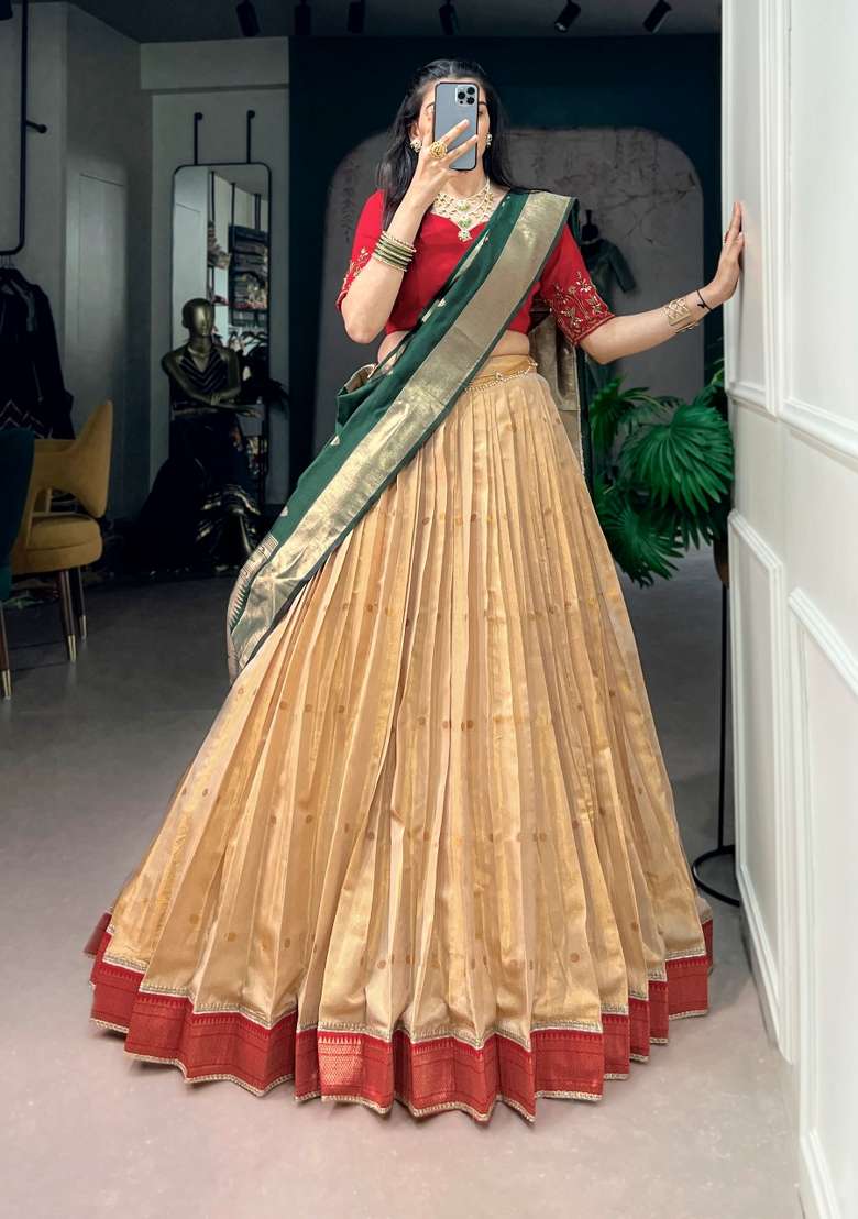 Green Zari Work Silk Lehenga Set for Diwali and Festive Wear - Indya
