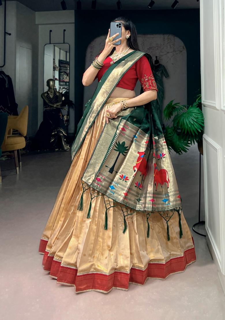 Green Zari Work Silk Lehenga Set - Indya