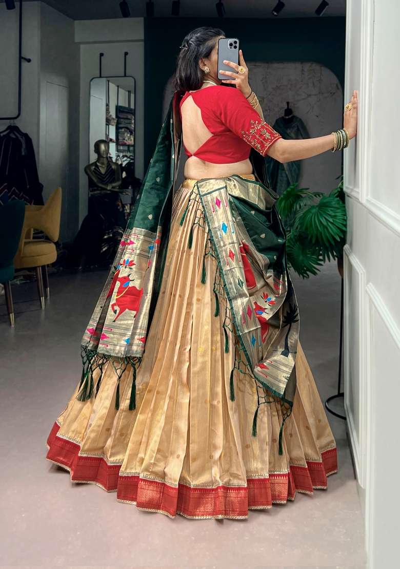 Green Zari Work Silk Lehenga Set for Diwali and Festive Wear - Indya
