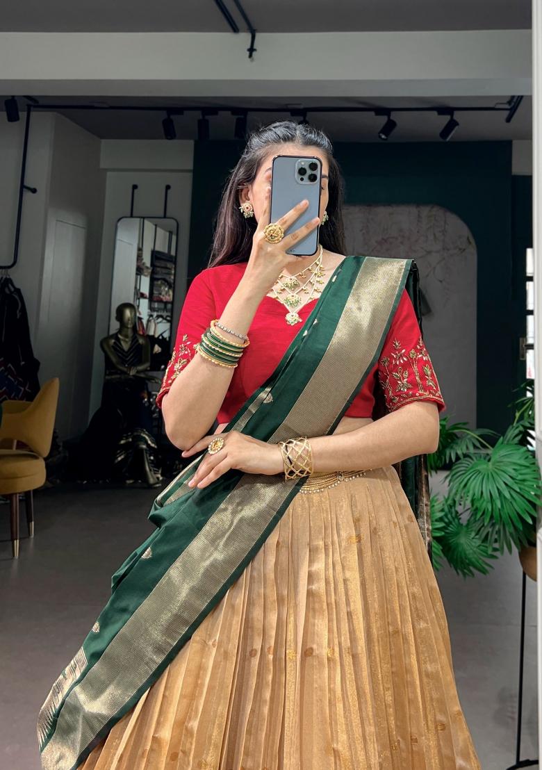 Green Zari Work Silk Lehenga Set - Indya
