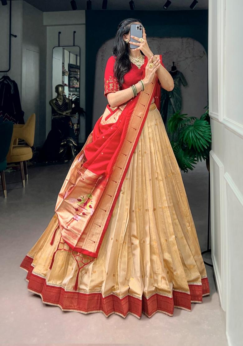 Red Zari Work Silk Lehenga Set - Indya