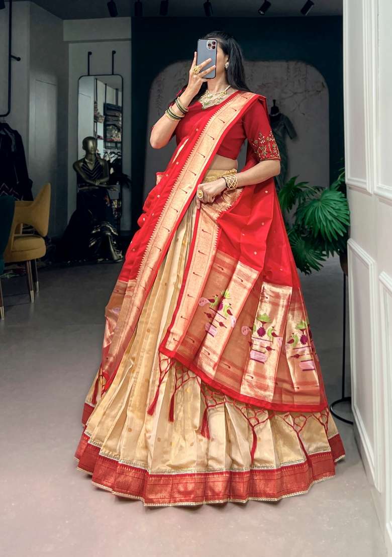 Red Silk Lehenga Set with Zari Work for Diwali | Wedding & Festive Wear - Indya