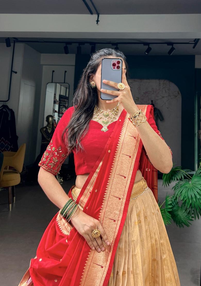 Red Zari Work Silk Lehenga Set - Indya