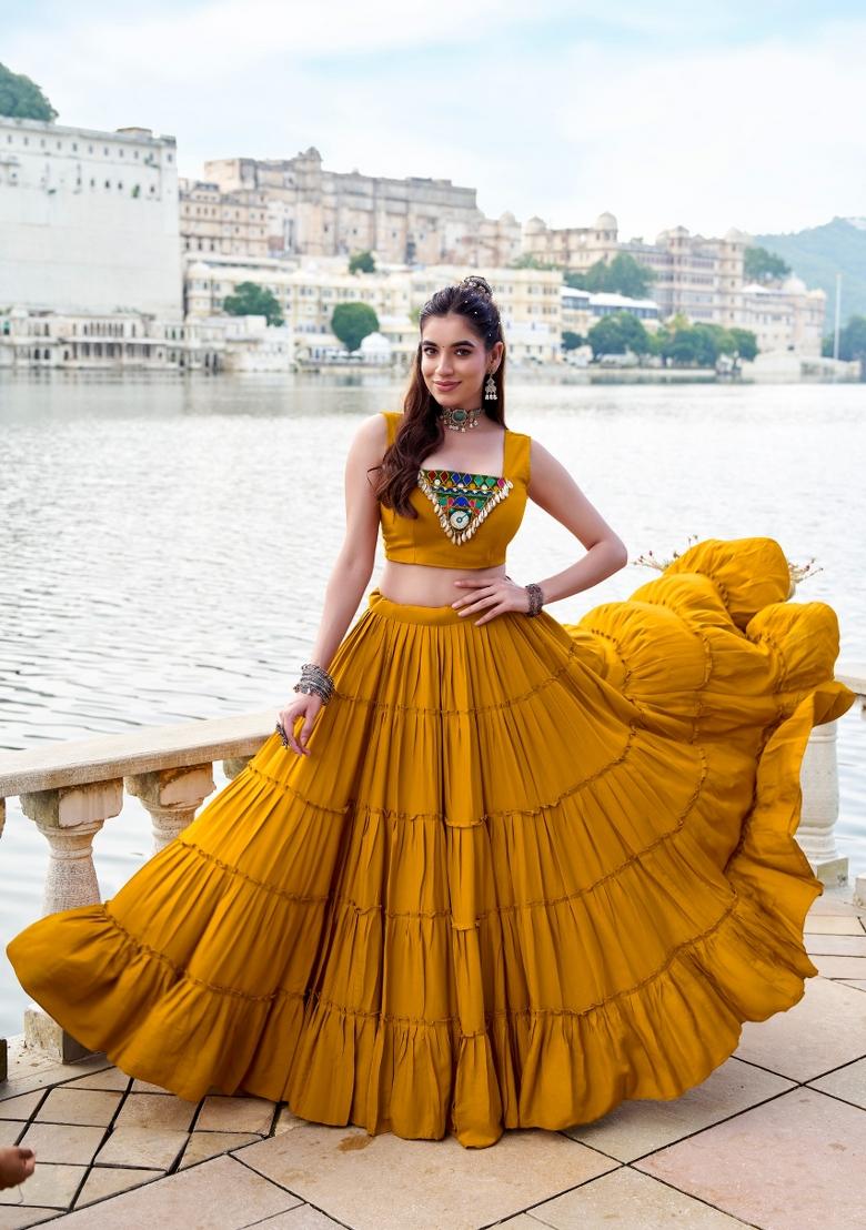 Mehendi Mirror Work Rayon Lehenga Set - Indya