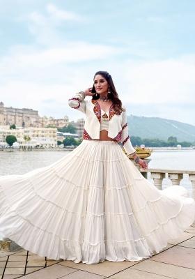 White Mirror Work Rayon Lehenga Set