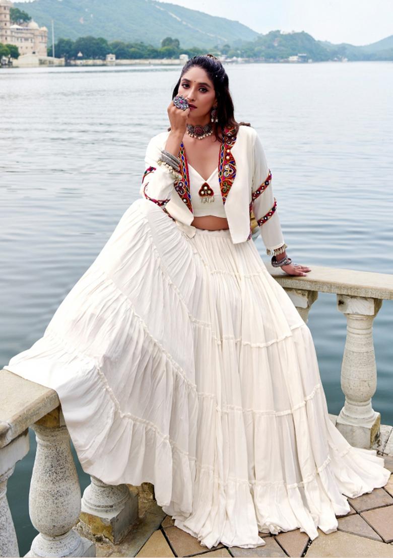 White Mirror Work Rayon Lehenga Set - Indya