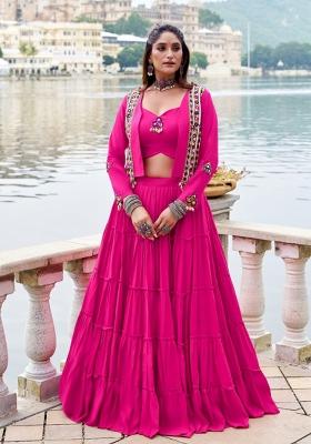 Pink Mirror Work Rayon Lehenga Set