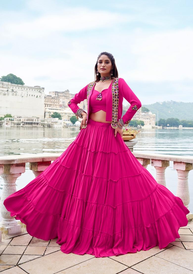 Pink Mirror Work Rayon Lehenga Set - Indya