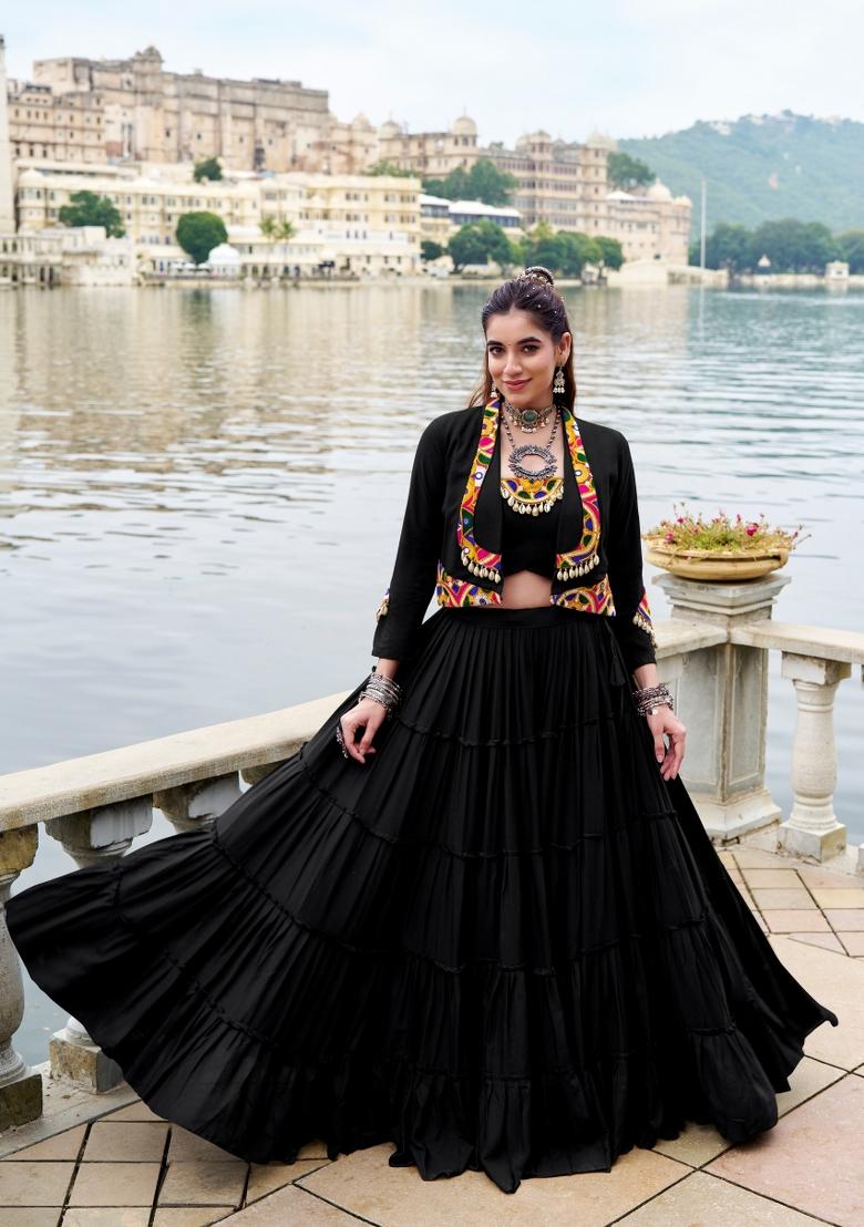 Black Mirror Work Rayon Lehenga Set - Indya