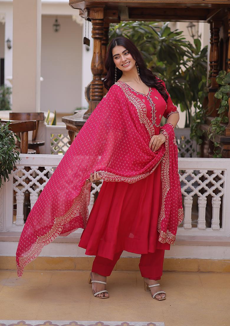 Pink Embroidery Chanderi Lehenga Set - Indya