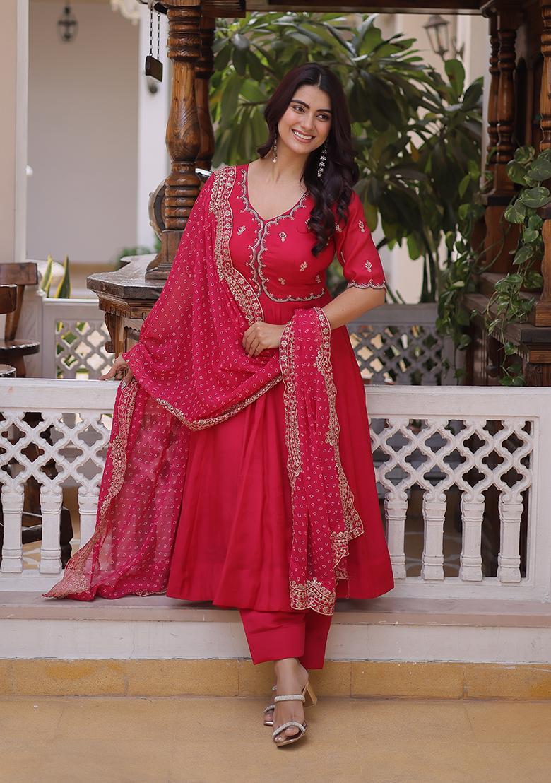 Pink Embroidery Chanderi Lehenga Set - Indya