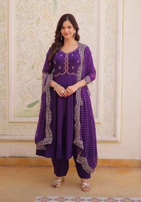 Purple Embroidery Chanderi Lehenga Set