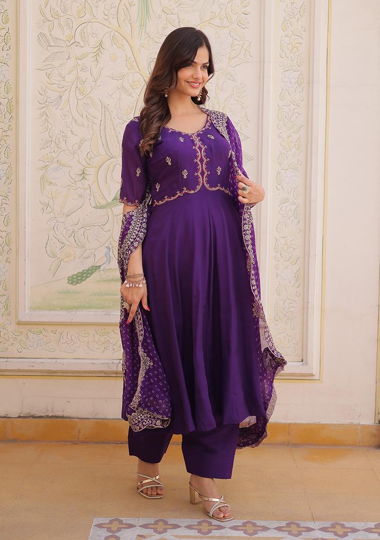 Purple Embroidery Chanderi Lehenga Set - Indya