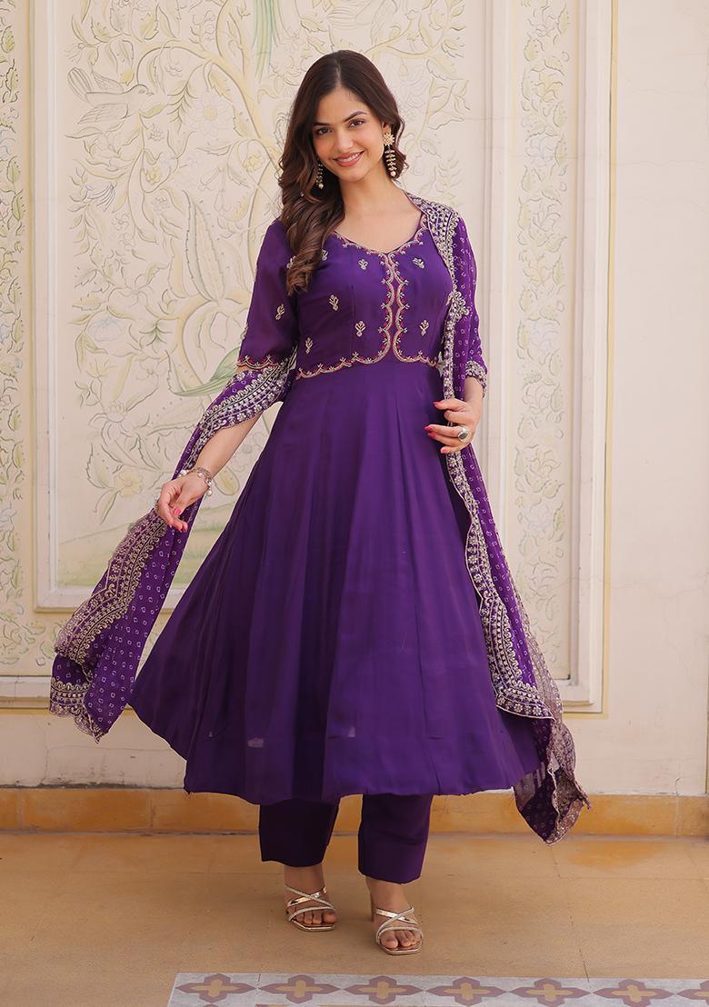 Purple Embroidery Chanderi Lehenga Set - Indya