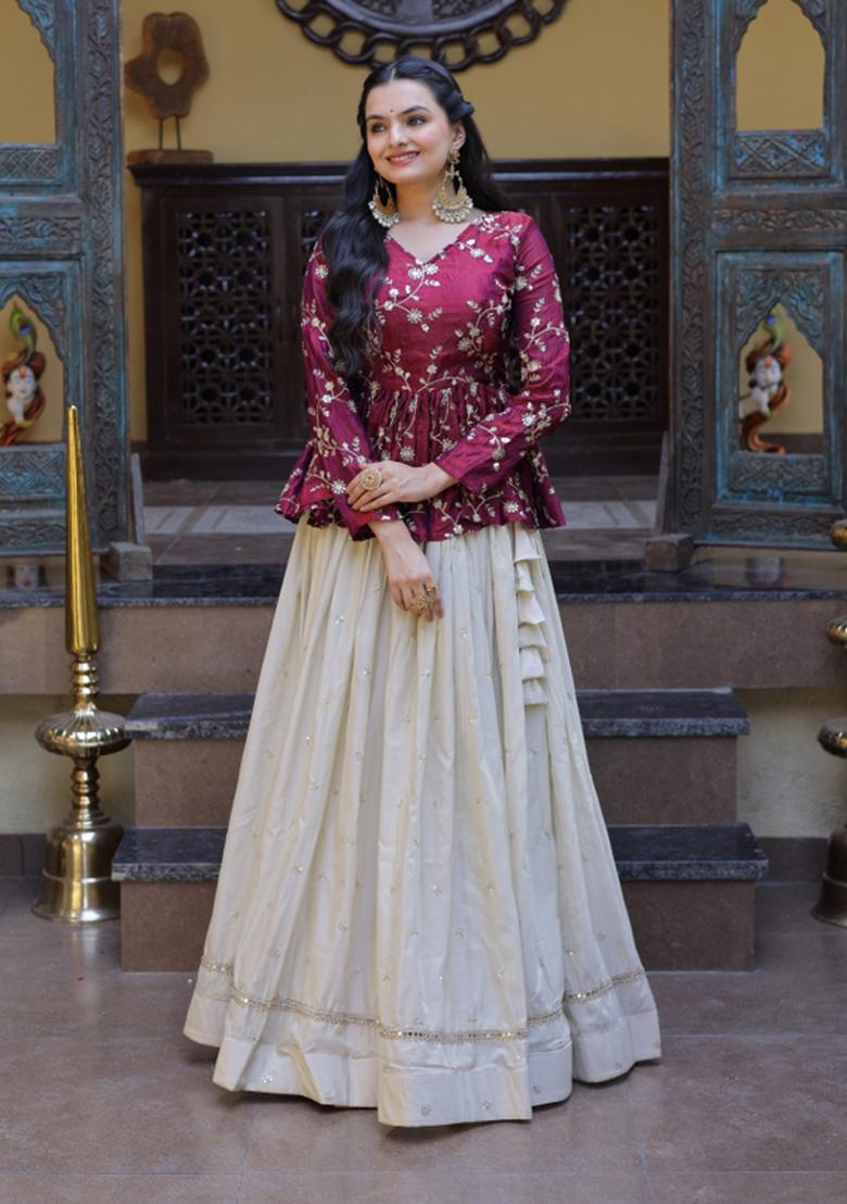 Magenta Embroidery Cosmos Lehenga Set - Indya