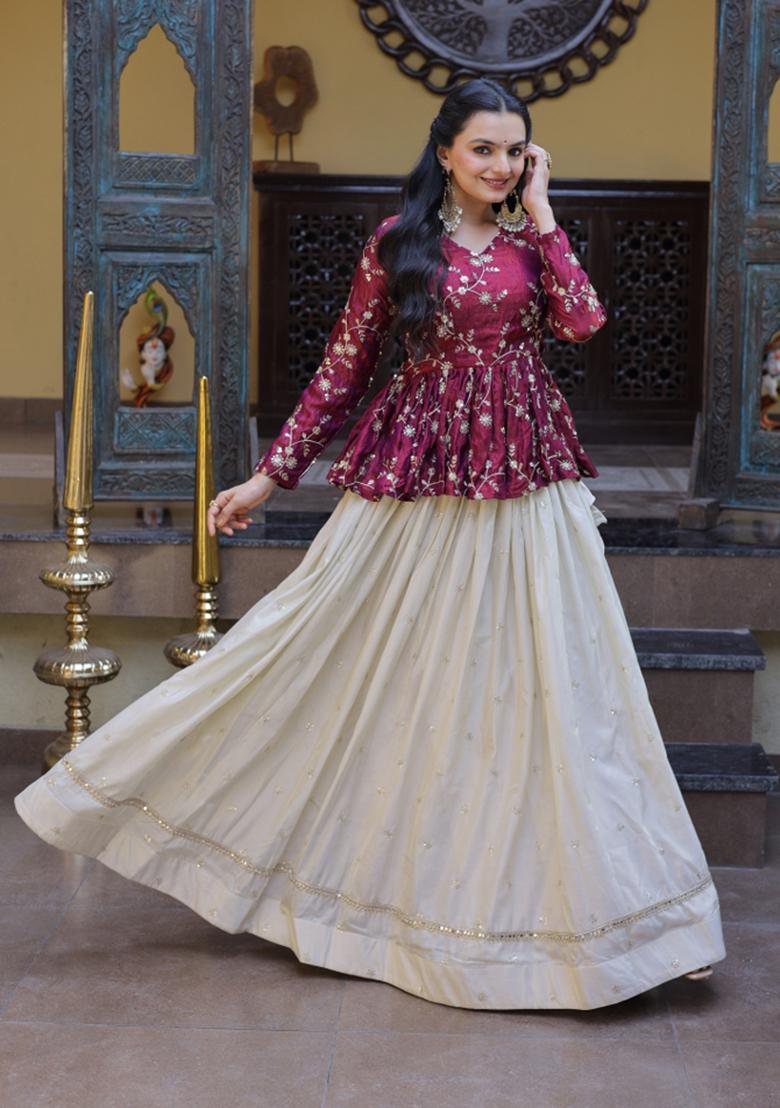 Magenta Embroidery Cosmos Lehenga Set - Indya