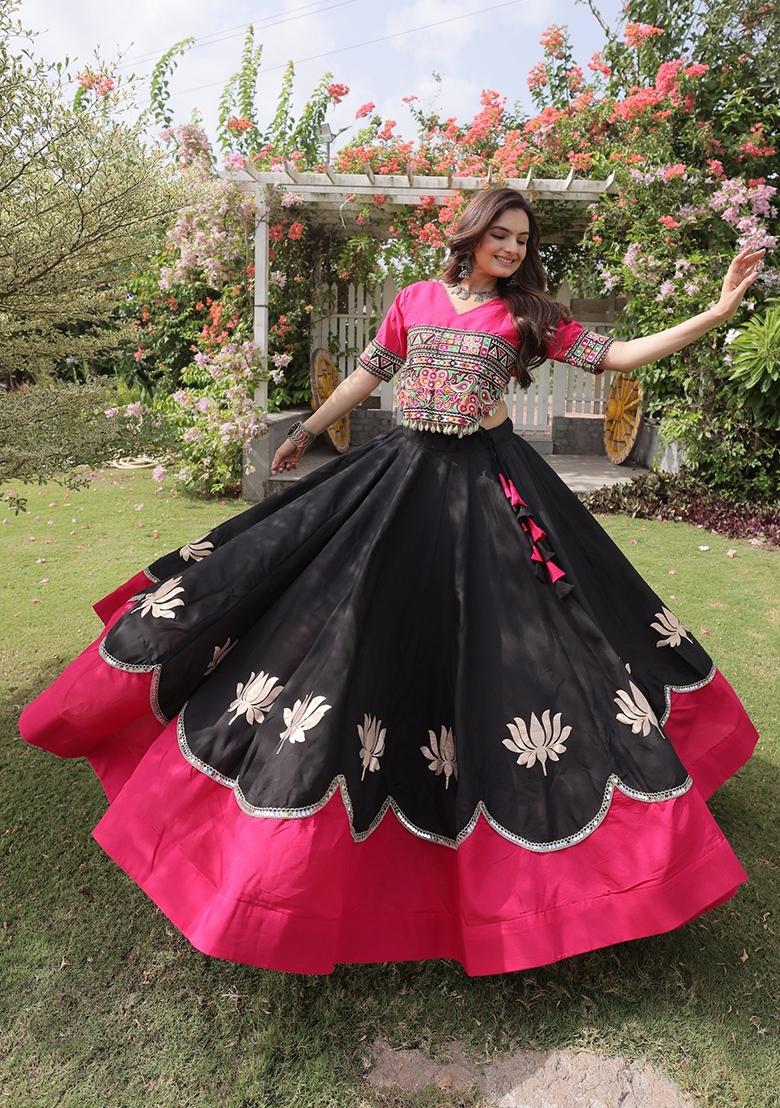 Black Mirror Work Roman Lehenga Set - Indya
