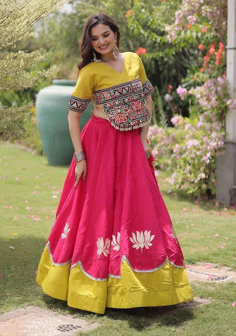 Pink Mirror Work Roman Lehenga Set - Indya