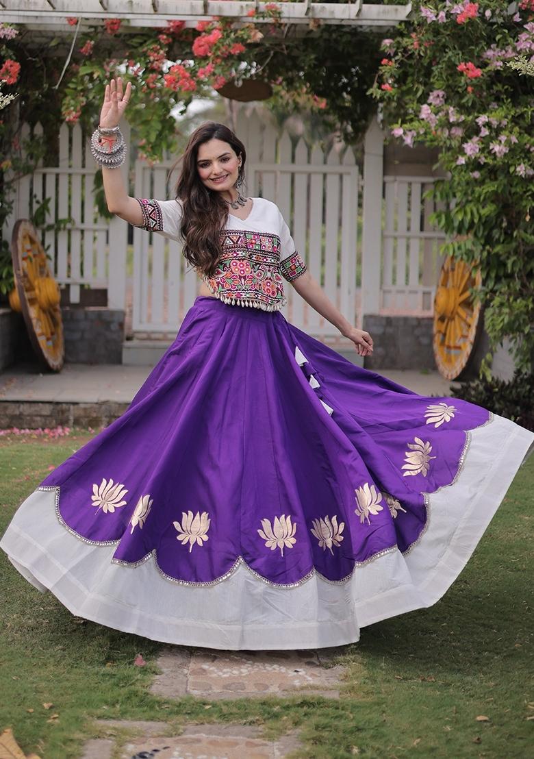 Purple Mirror Work Roman Lehenga Set - Indya