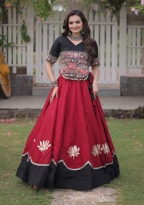 Red Mirror Work Roman Lehenga Set