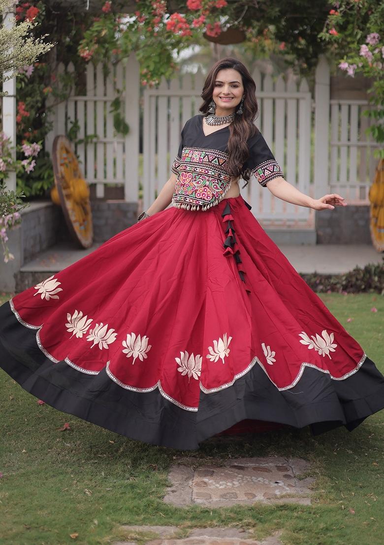 Red Mirror Work Roman Lehenga Set - Indya