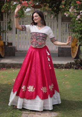 Red Mirror Work Roman Lehenga Set