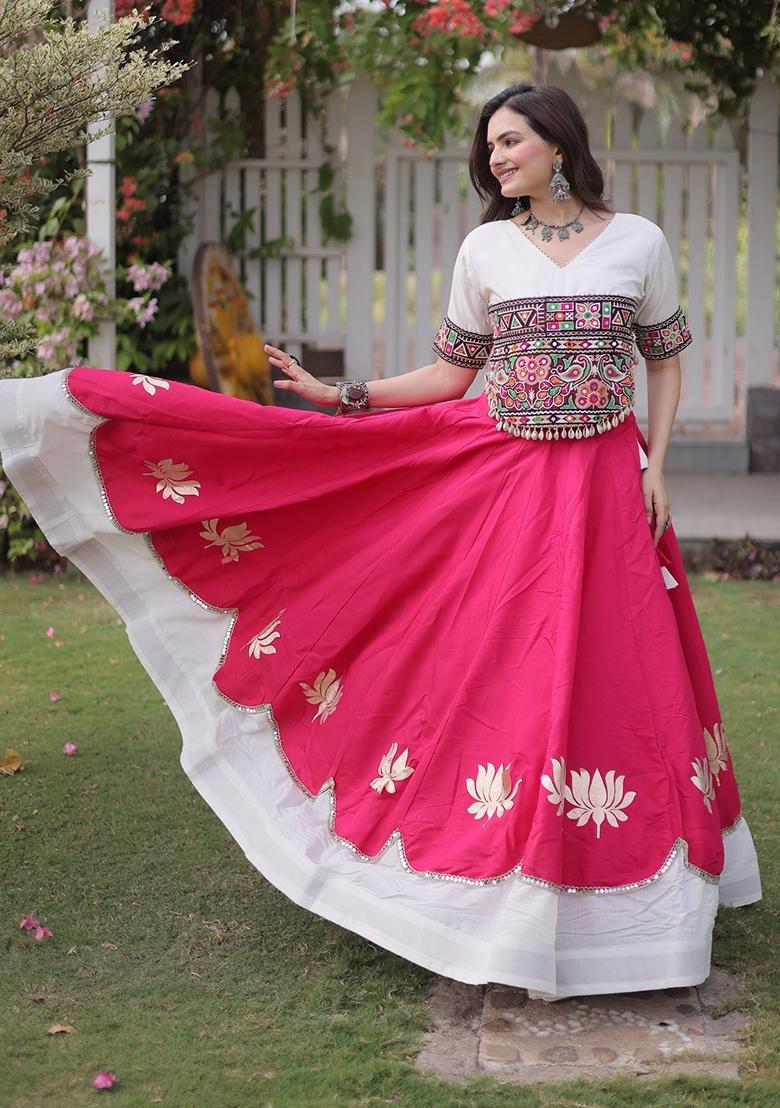 Red Mirror Work Roman Lehenga Set - Indya