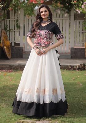 White Mirror Work Roman Lehenga Set