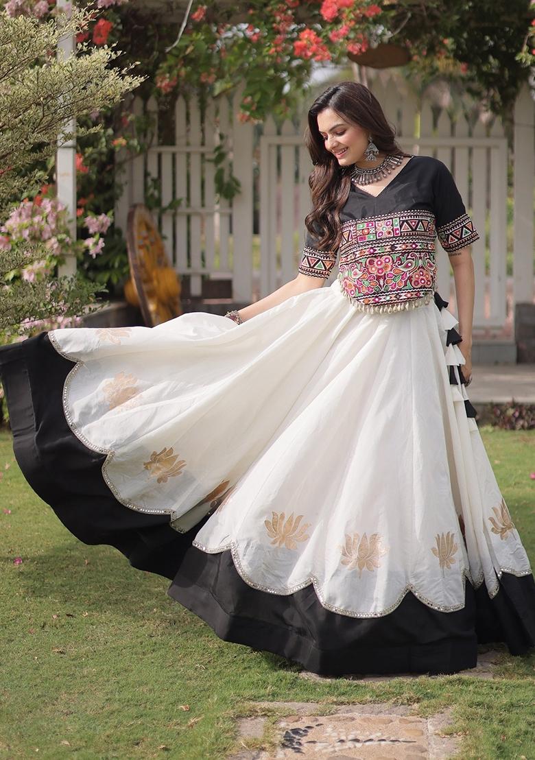 White Mirror Work Roman Lehenga Set - Indya