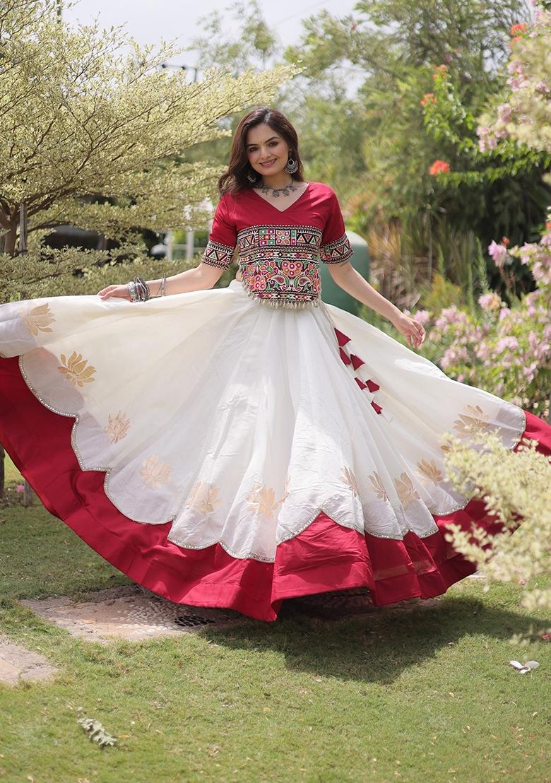 White Mirror Work Roman Lehenga Set - Indya