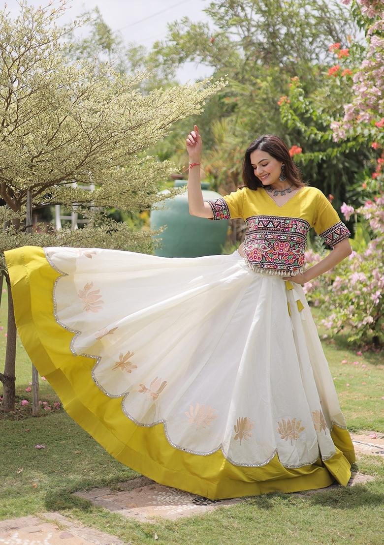 White Mirror Work Roman Lehenga Set - Indya