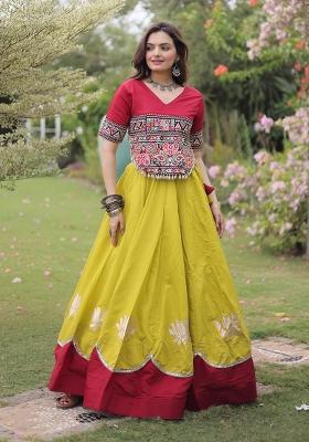 Yellow Mirror Work Roman Lehenga Set