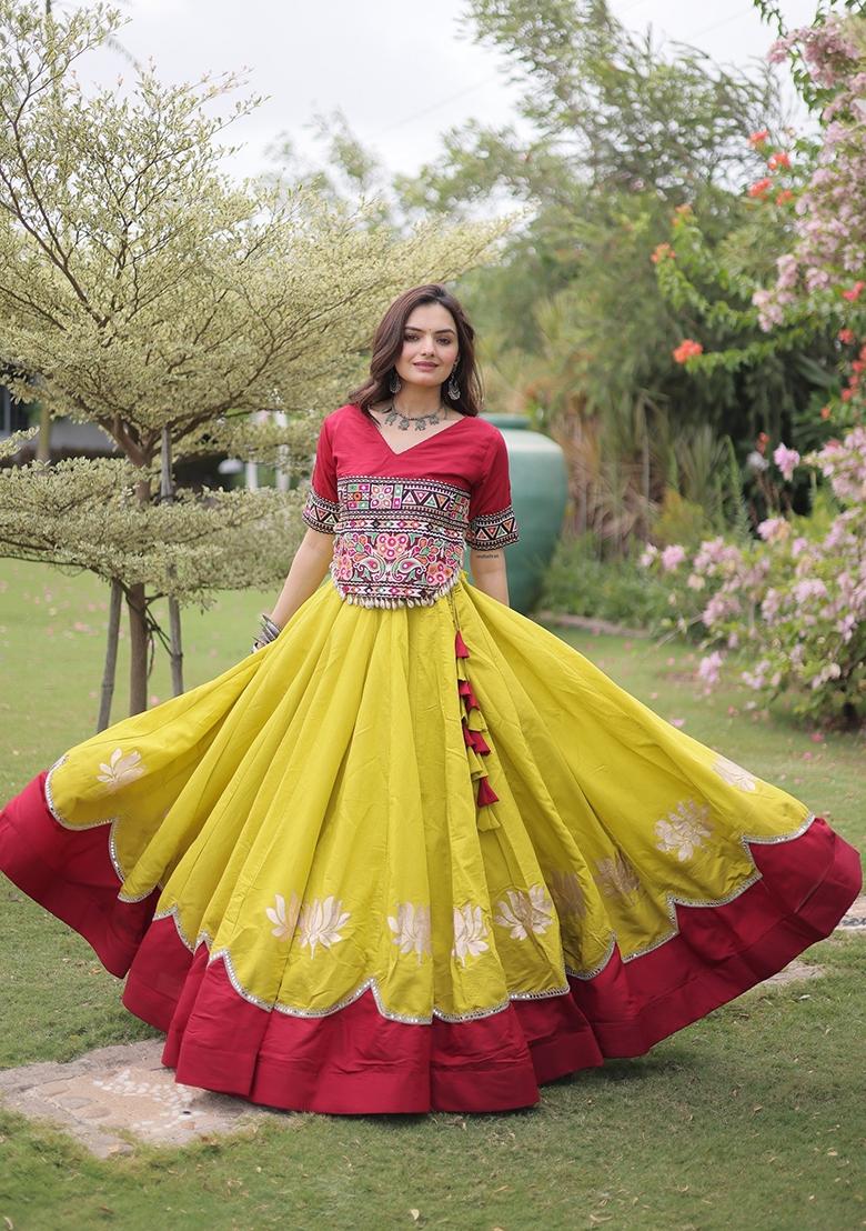 Yellow Mirror Work Roman Lehenga Set - Indya