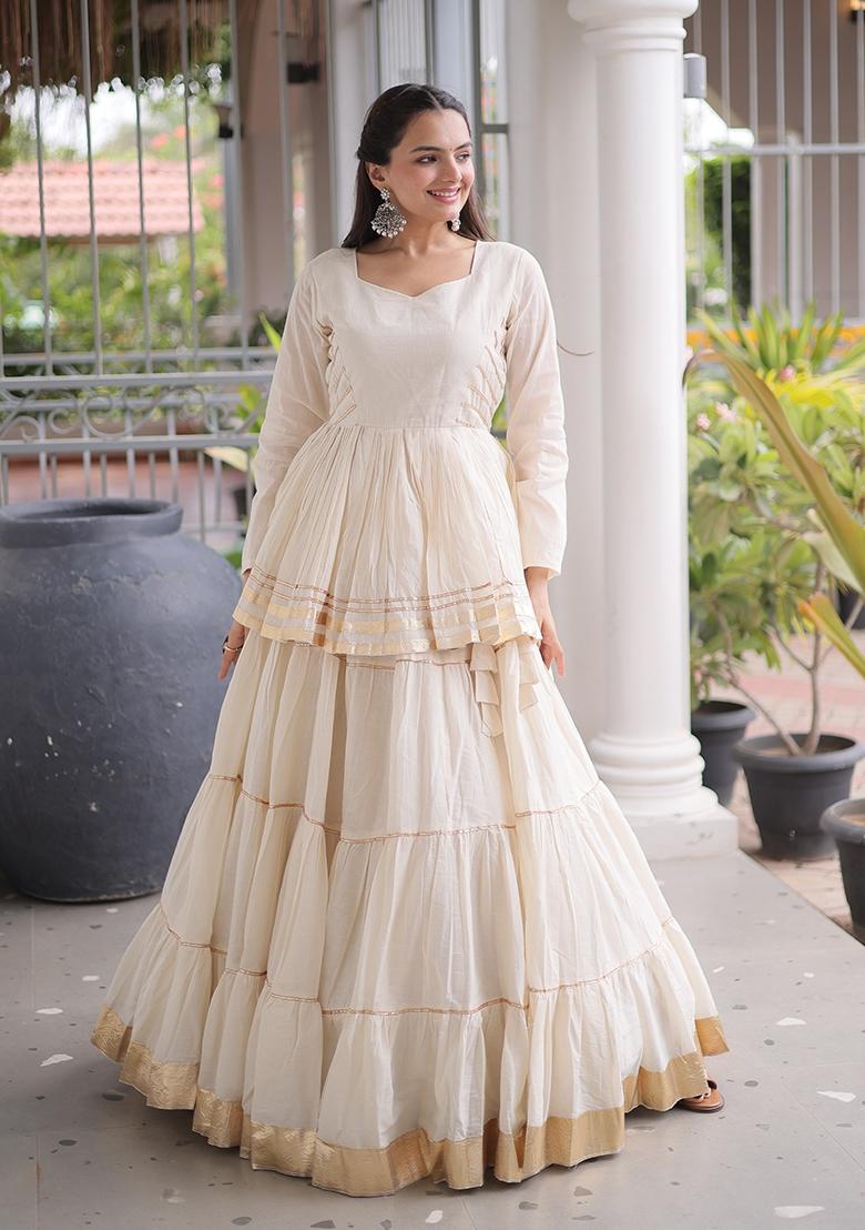White Gota Patti Cotton Lehenga Set - Indya