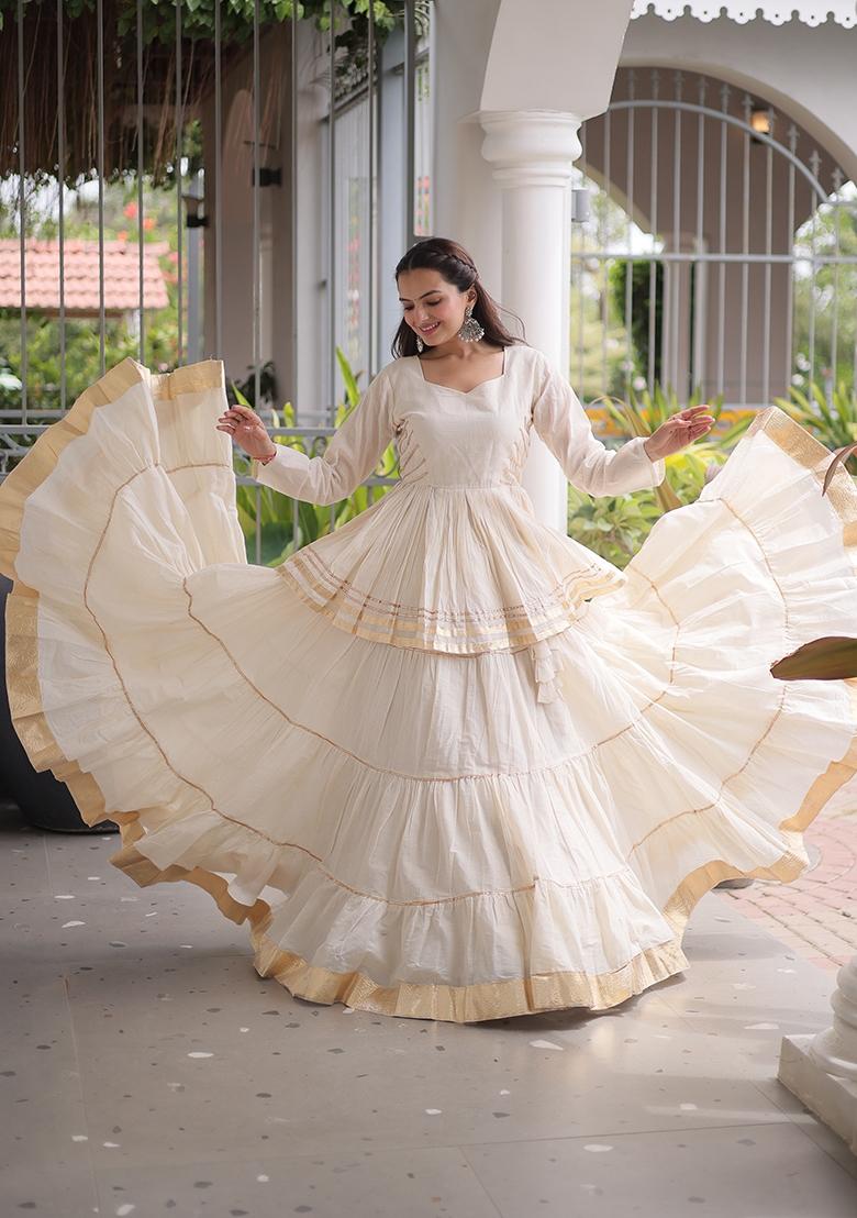 White Gota Patti Cotton Lehenga Set - Indya