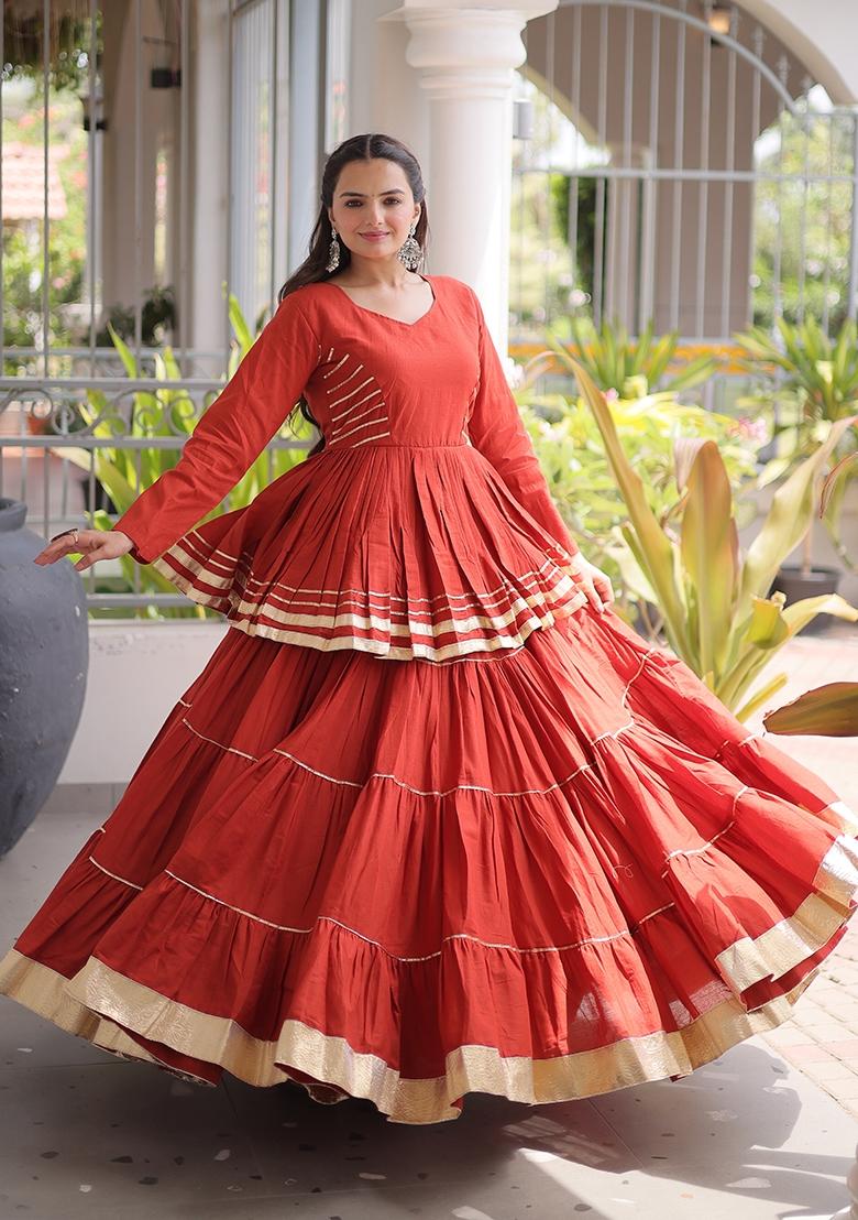Rust Gota Patti Cotton Lehenga Set - Indya