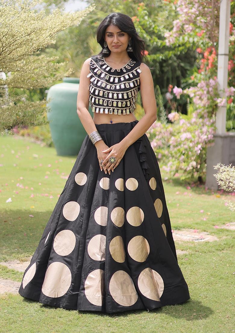 Black Gota Patti Silk Lehenga Set - Indya