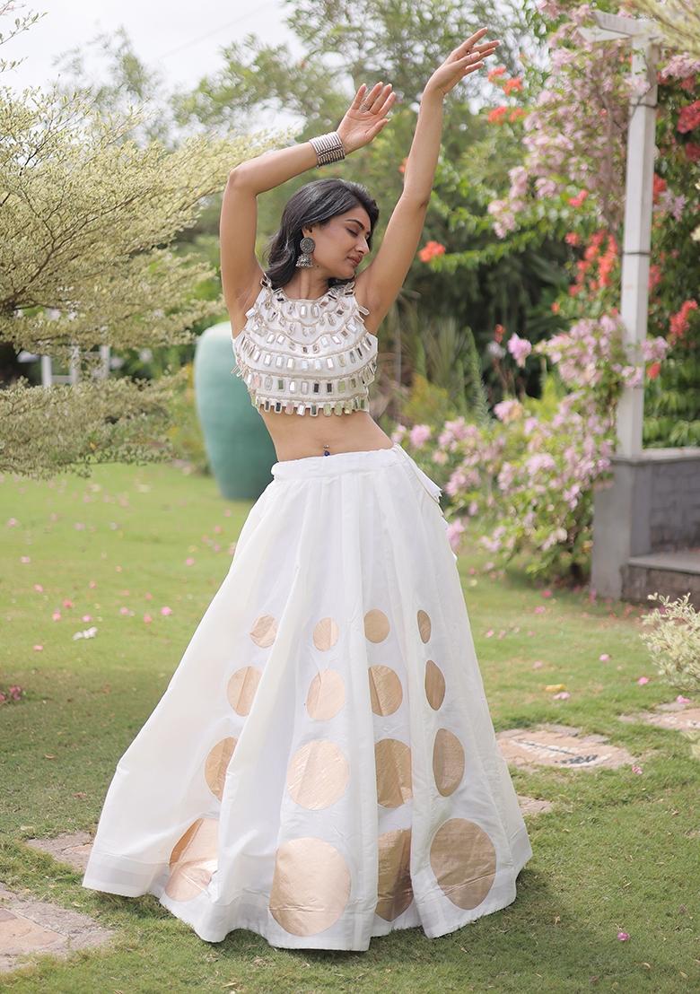 White Gota Patti Silk Lehenga Set - Indya