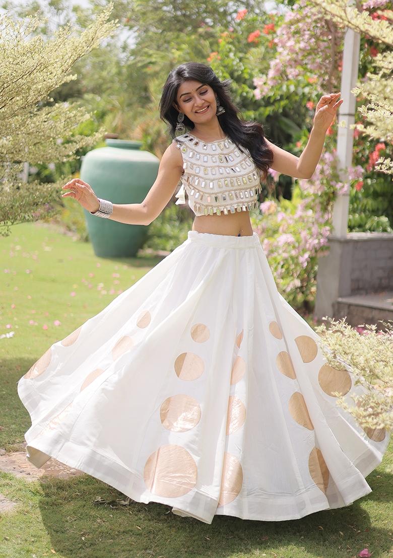 White Gota Patti Silk Lehenga Set - Indya