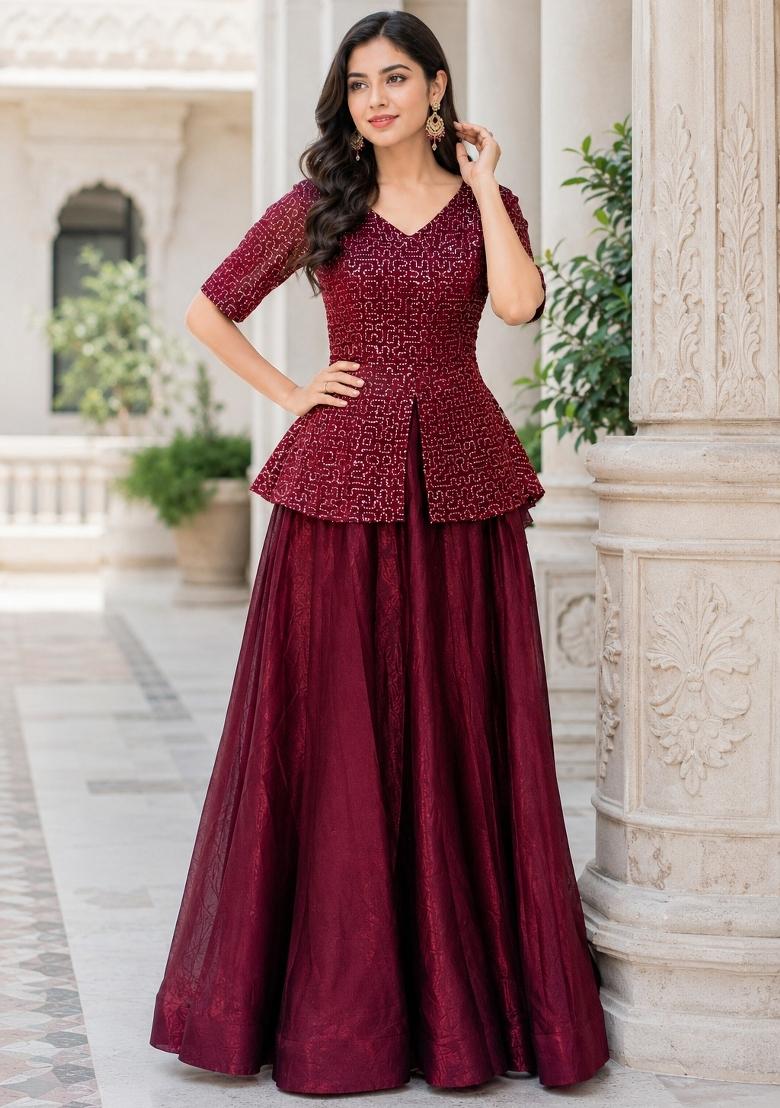 Maroon Embroidery Fendi Lehenga Set - Indya