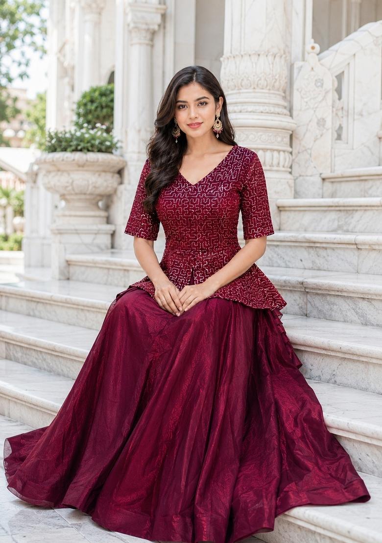 Maroon Embroidery Fendi Lehenga Set - Indya