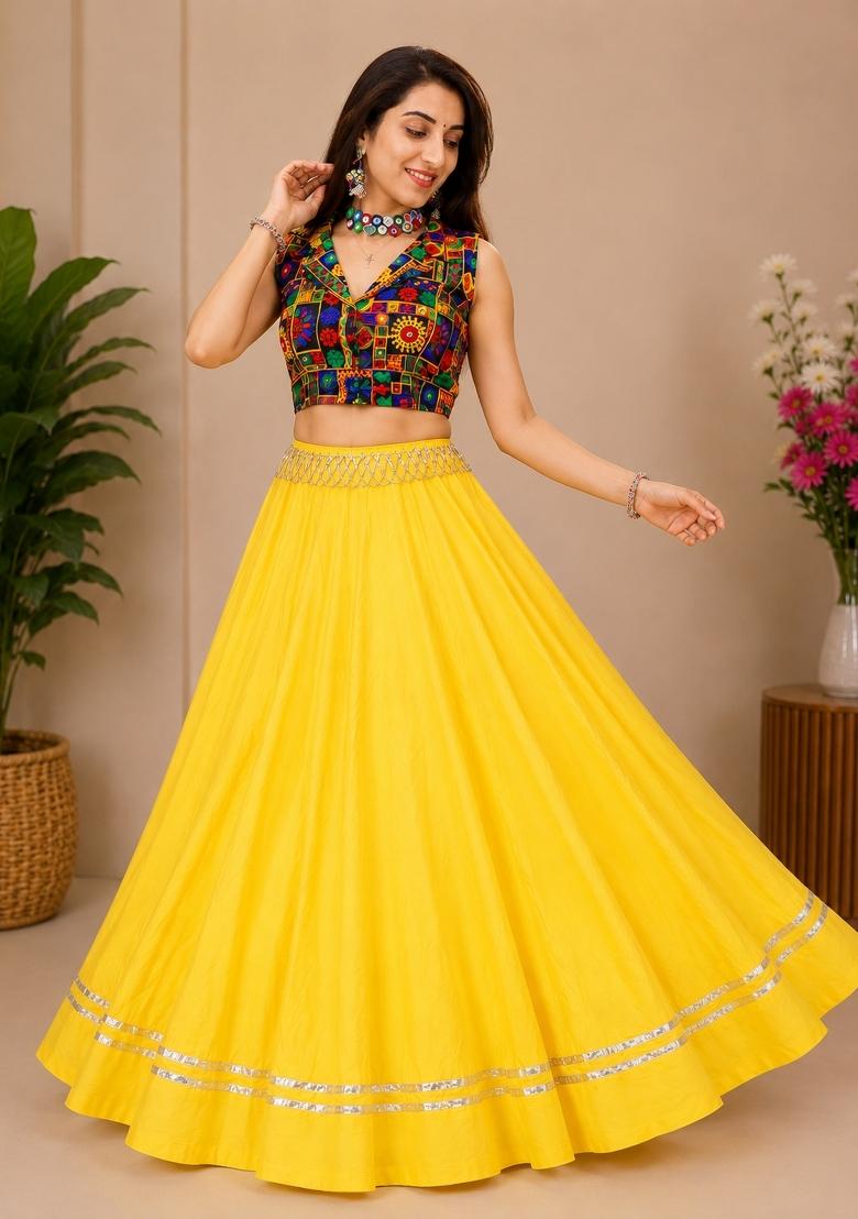Yellow Kutch Work Rayon Chaniya Choli Set For Navratri And Garba - Indya